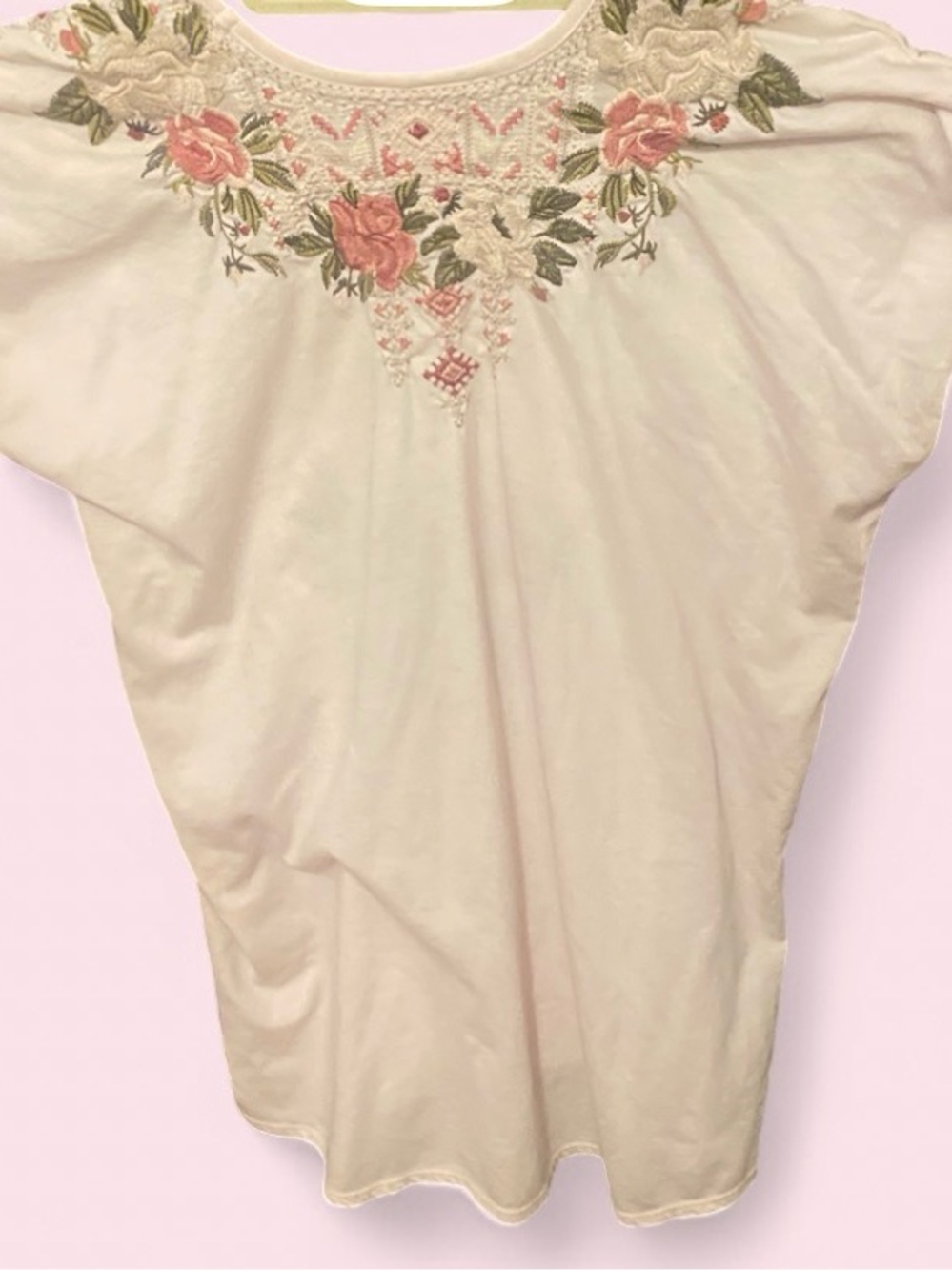 Johnny Was Embroidered Bohemian V-Neck Women’s Top - Cream with Pink Floral - Picture 2 of 4